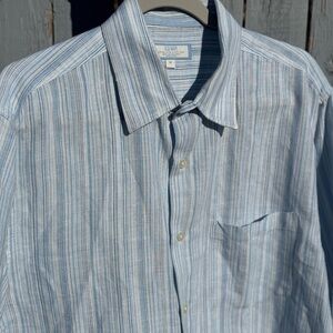Vintage Old Navy Linen Shirt Men's Medium Button Down Light Blue Striped 2006